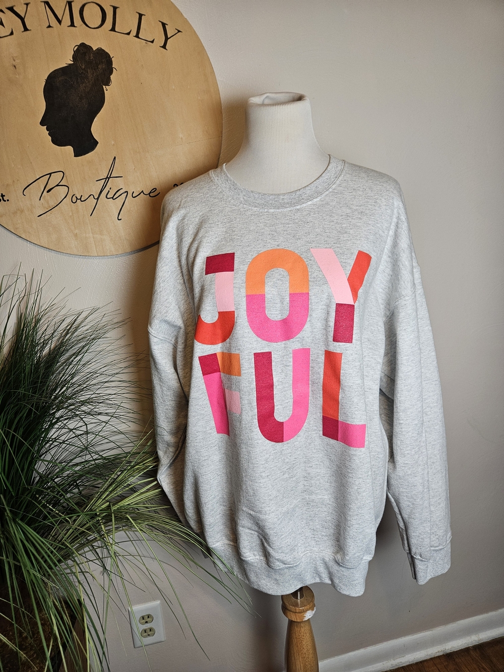 Gildan Heather Gray Sweatshirt with Multicolor JOYFUL Print